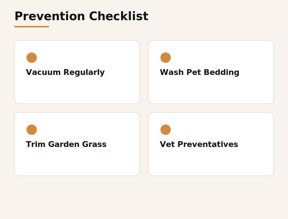 Flea and tick prevention checklist: vacuum regularly, wash pet bedding, trim garden grass, use vet preventatives