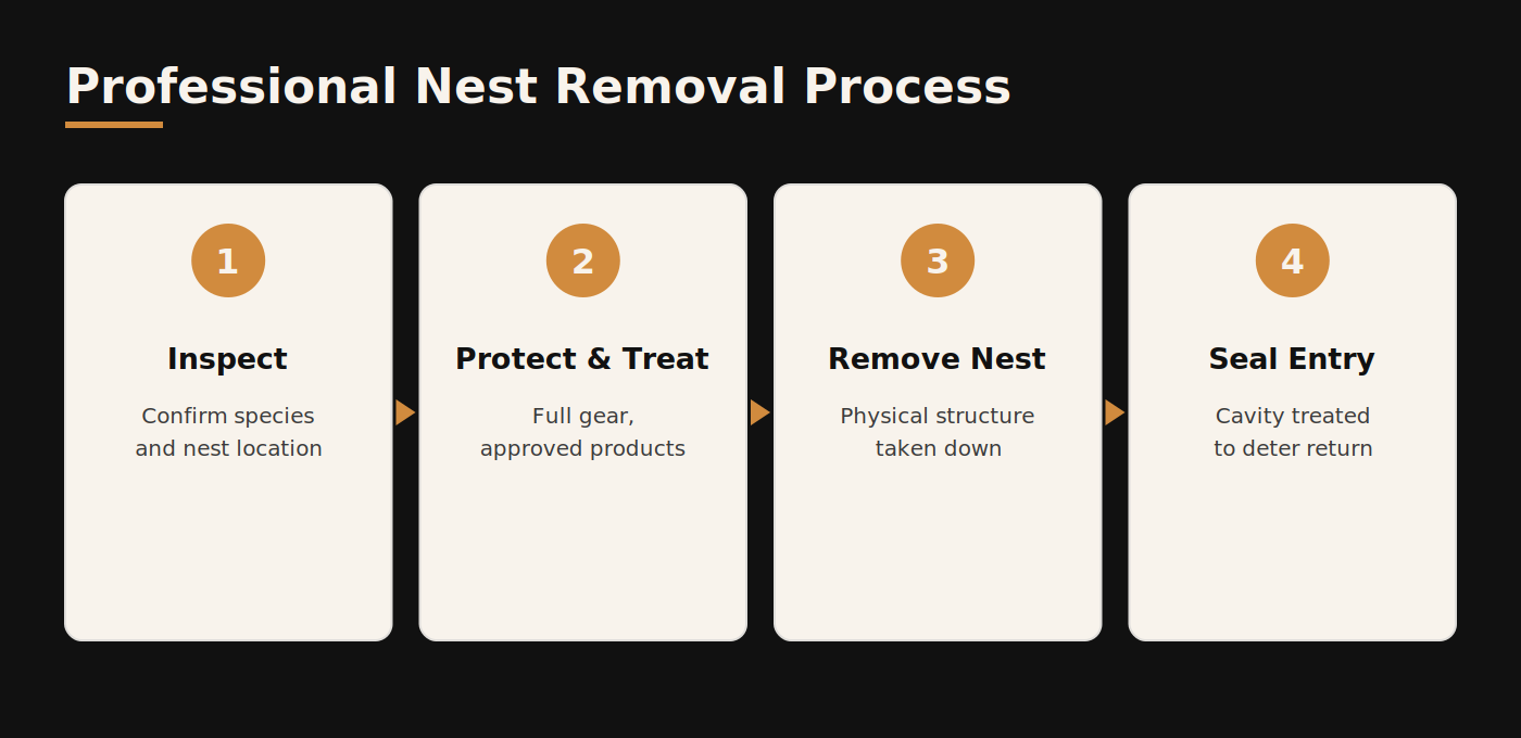 Professional wasp and hornet nest removal process: inspect, treat, remove, seal