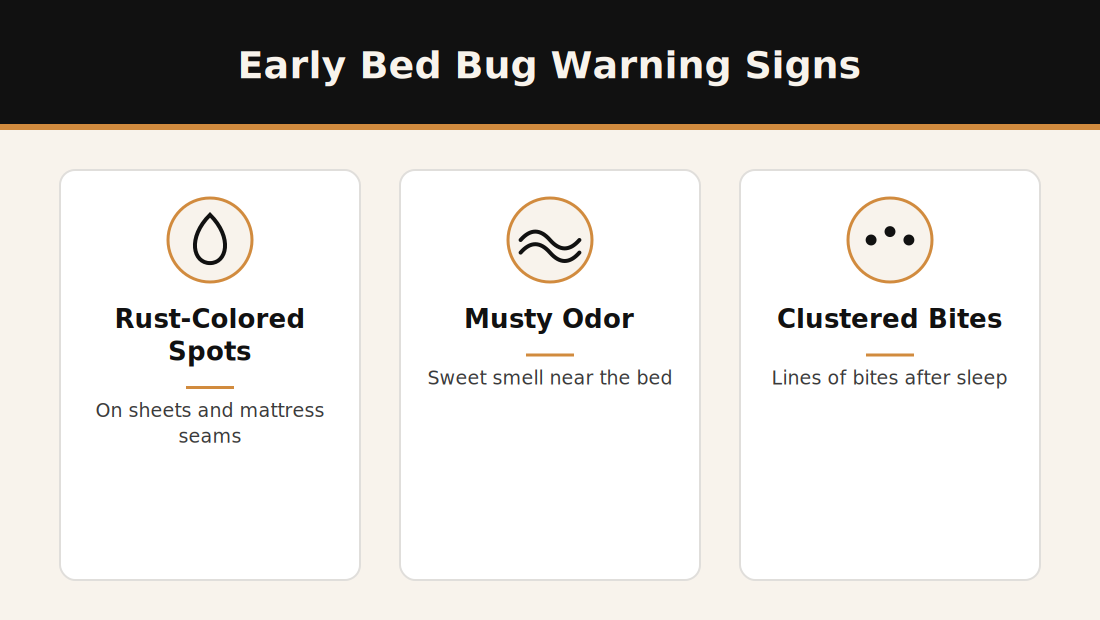 Infographic showing three early bed bug warning signs: rust colored spots, musty odor, and clustered bite marks