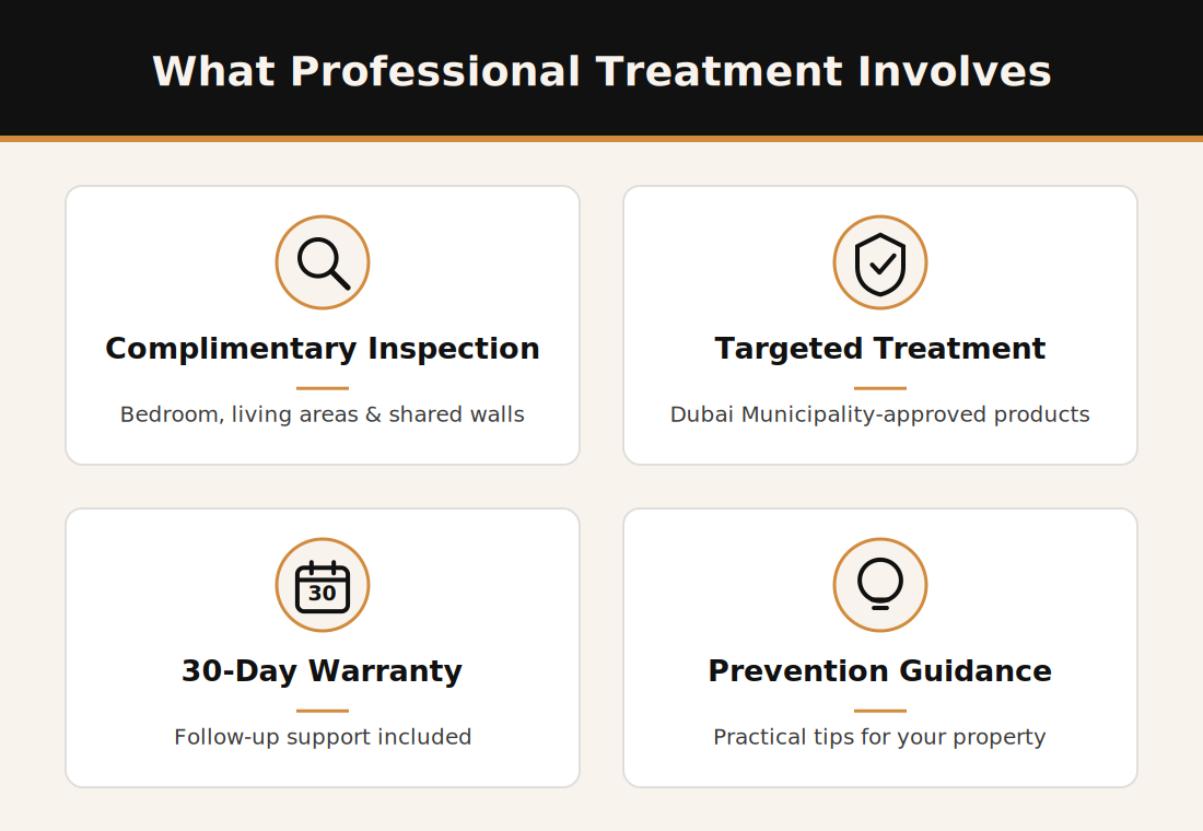 Infographic showing four steps of professional bed bug treatment: complimentary inspection, targeted treatment, 30-day warranty, prevention guidance