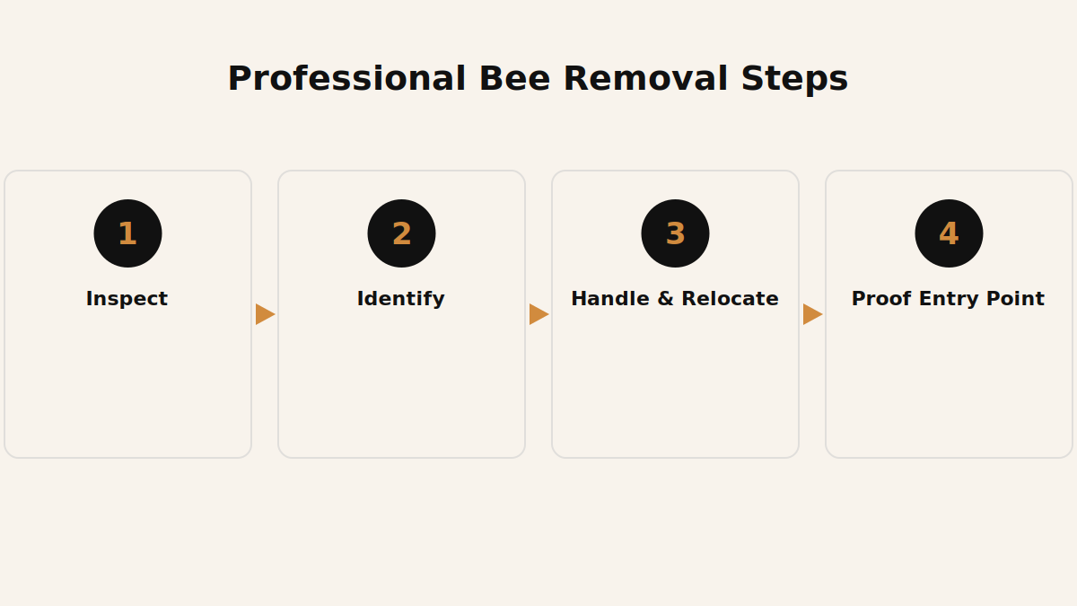 Steps in a professional bee removal visit from inspection through relocation and proofing
