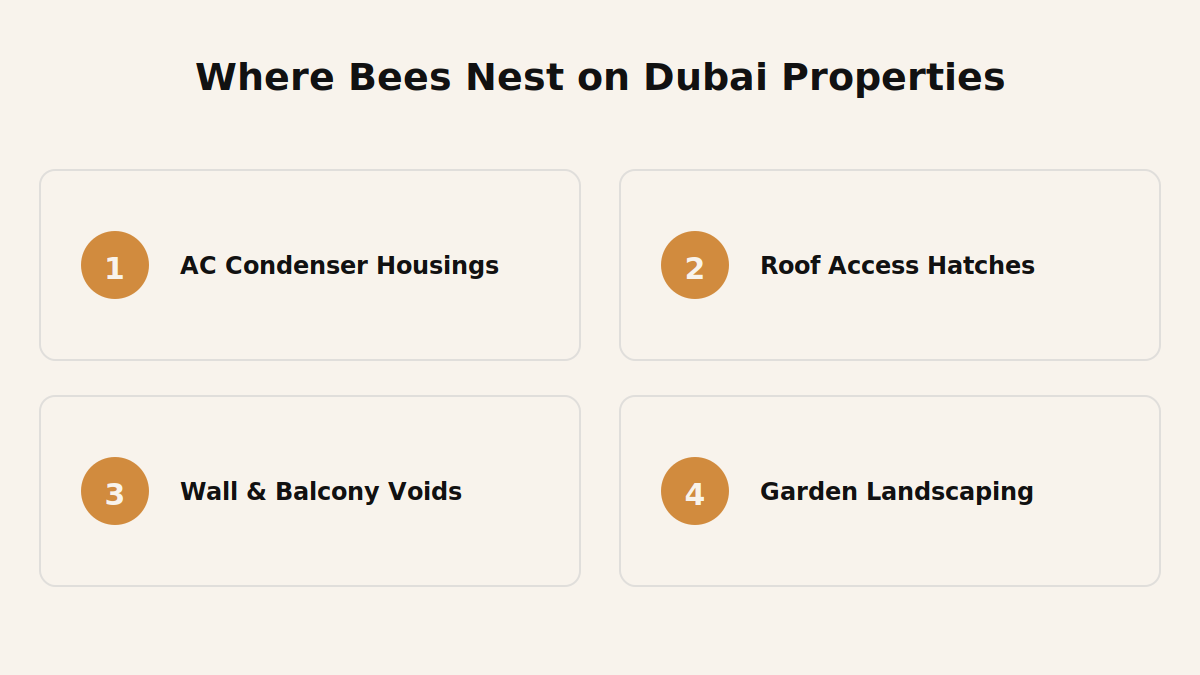 Common entry points bees use around Dubai villas and apartments, including AC housings, roof hatches and wall voids