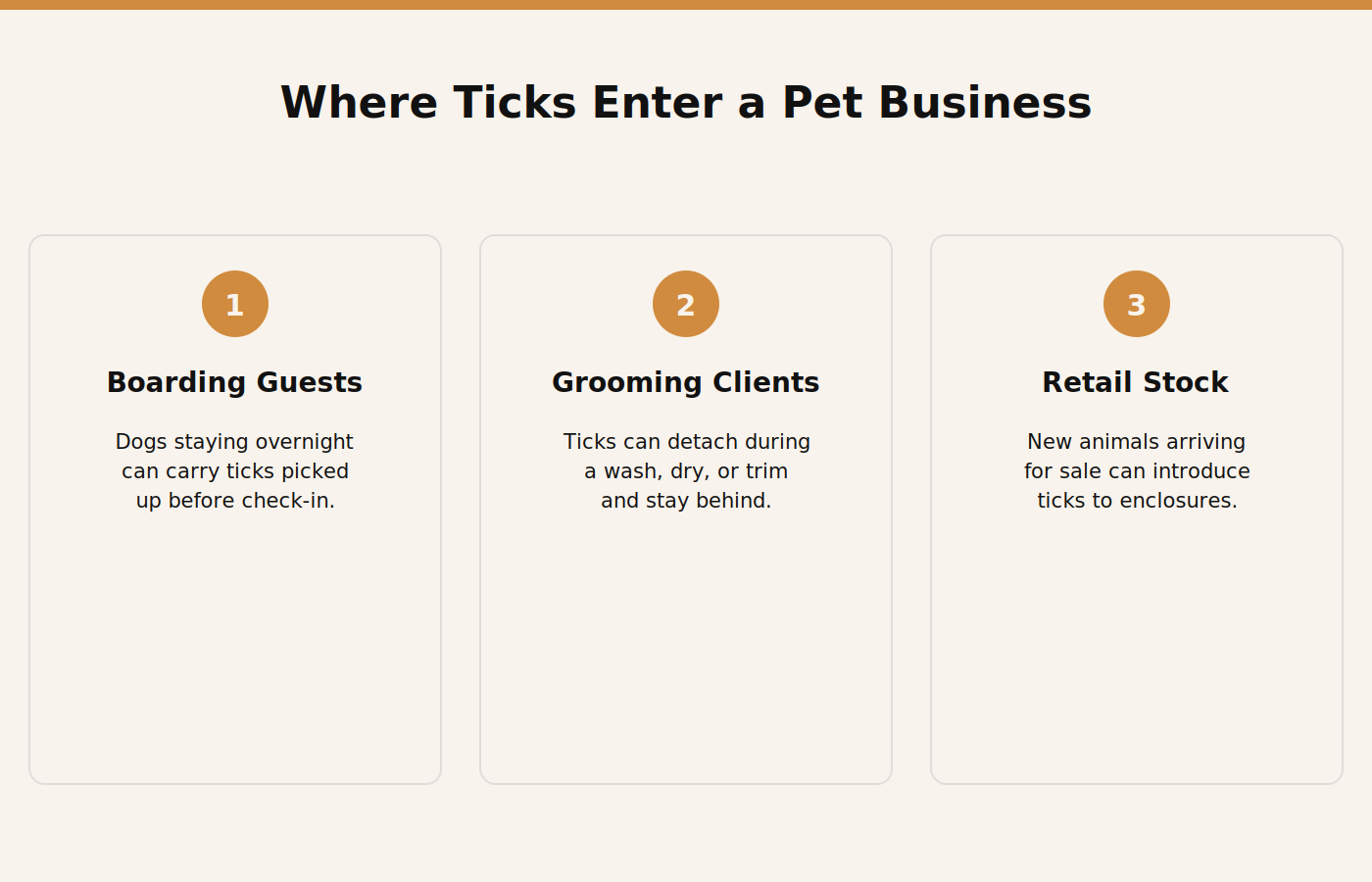 Infographic showing where ticks enter a Dubai pet business: boarding guests, grooming clients, and retail stock
