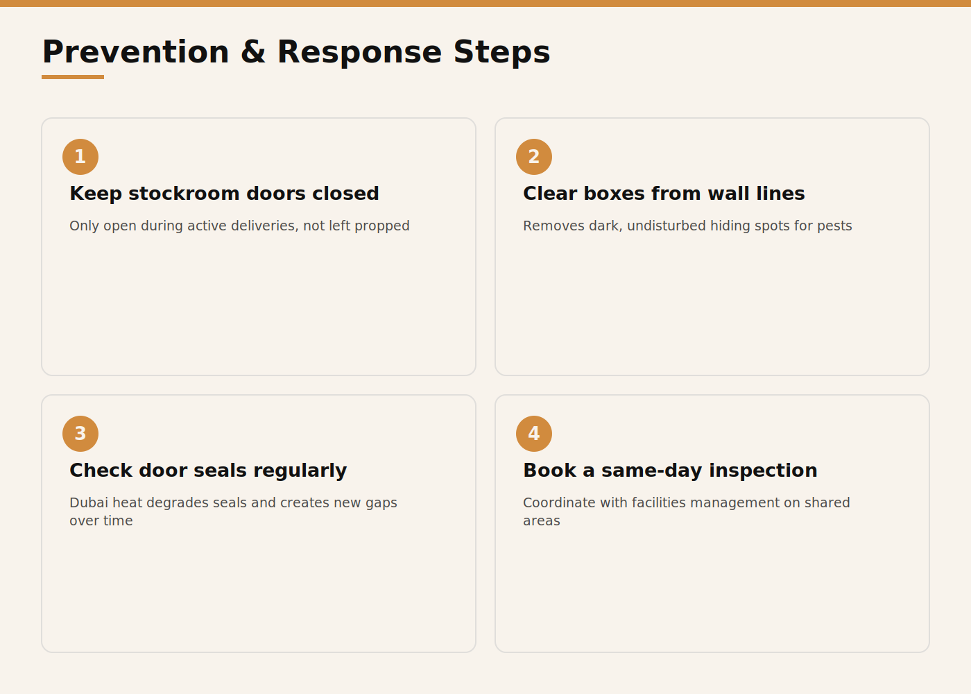 Infographic showing prevention and response steps for centipedes and millipedes in retail stores