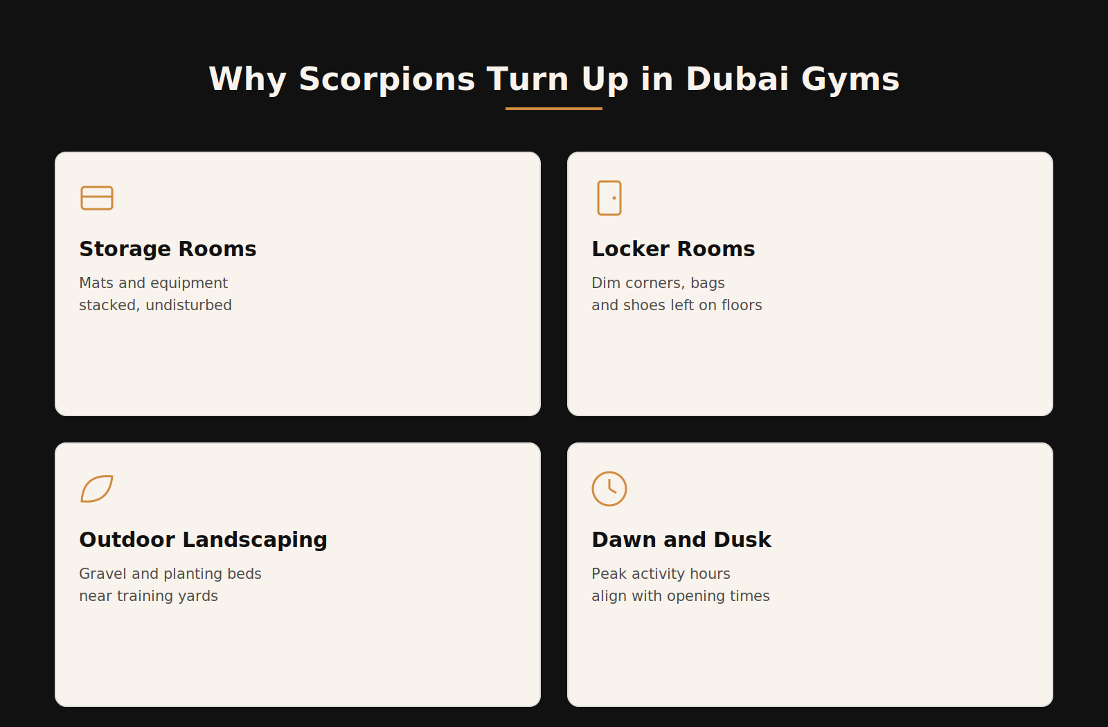 Why scorpions turn up in Dubai gyms infographic covering storage rooms, locker rooms, landscaping, and dawn/dusk hours