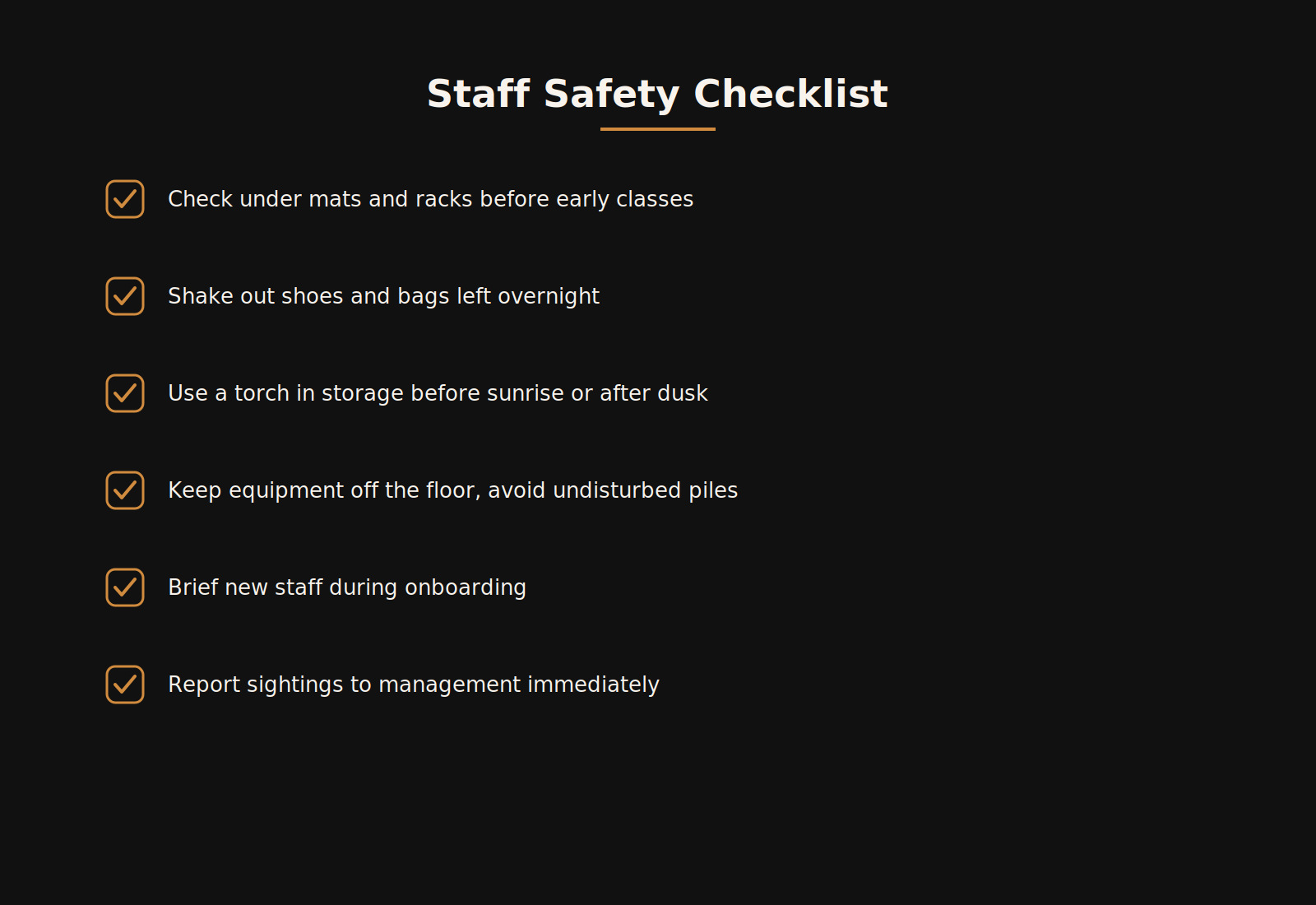 Staff safety checklist for scorpion awareness in Dubai gyms