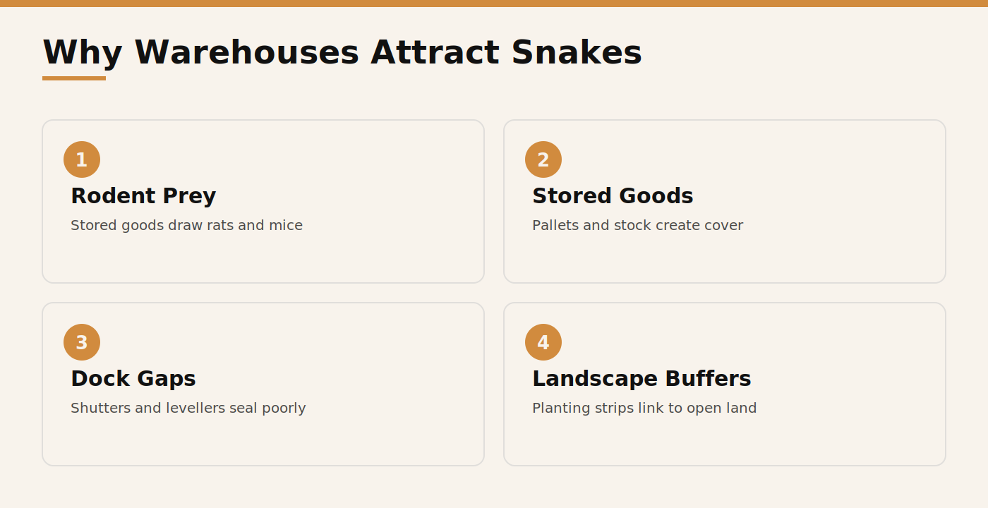 Four reasons Dubai warehouses attract snakes: rodent prey, stored goods, loading dock gaps, landscaping buffer strips