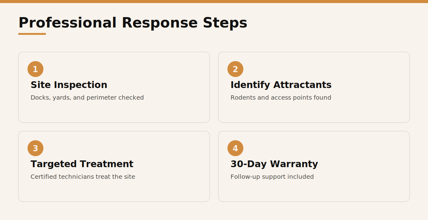 Four steps of a professional snake response visit: site inspection, identify attractants, targeted treatment, 30-day warranty