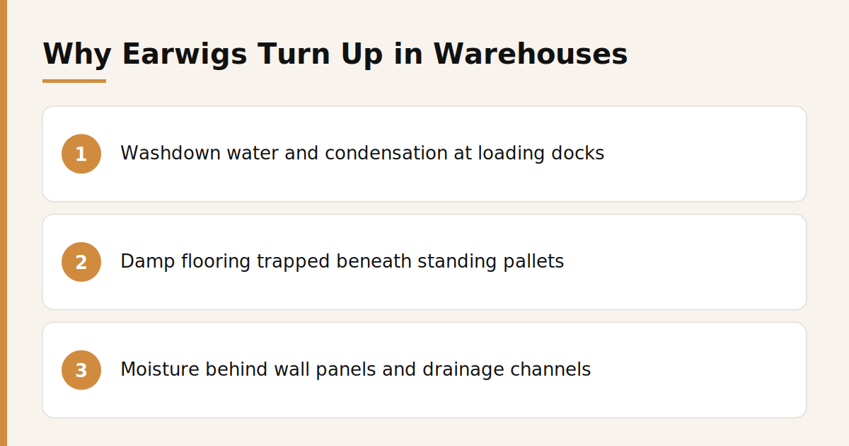 Why earwigs turn up in Dubai warehouses: washdown water, damp pallets, and moisture behind panels