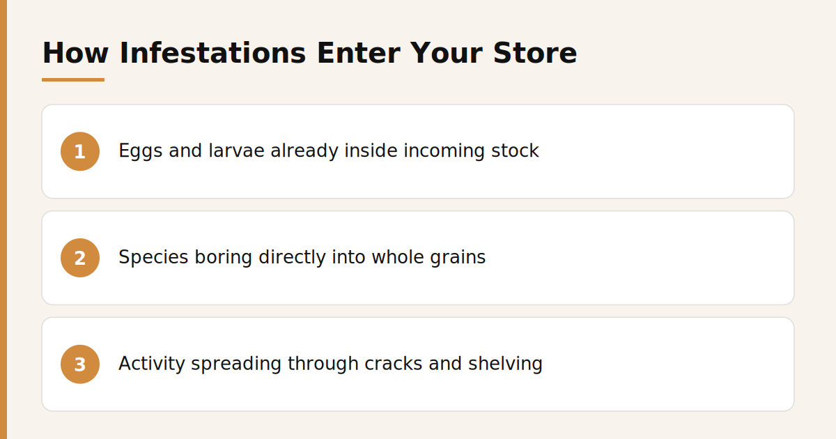 How stored product pests enter Dubai supermarkets: eggs in incoming stock, grain-boring species, spreading activity