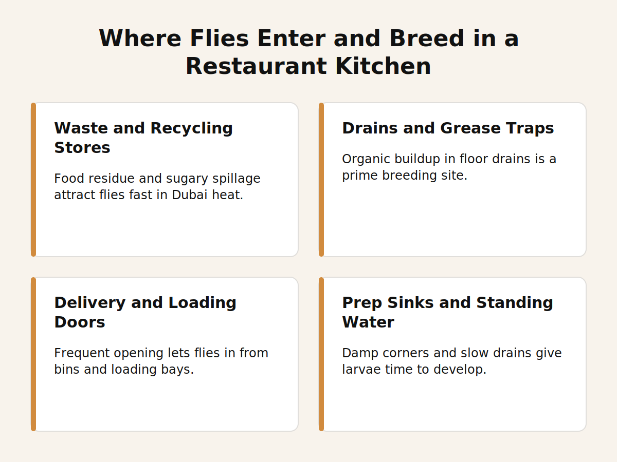 Where flies enter and breed in a Dubai restaurant kitchen: waste stores, drains, loading doors and prep sinks