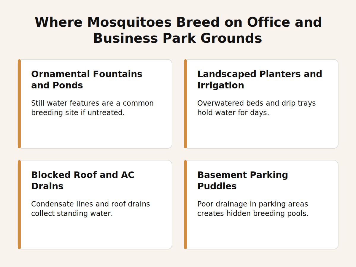 Where mosquitoes breed on Dubai office and business park grounds: fountains, planters, roof drains and parking puddles