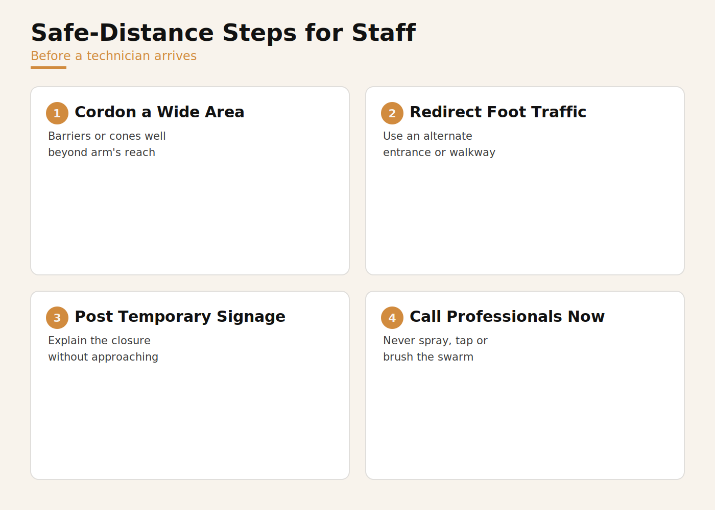Safe-distance cordon steps for staff before a bee control technician arrives