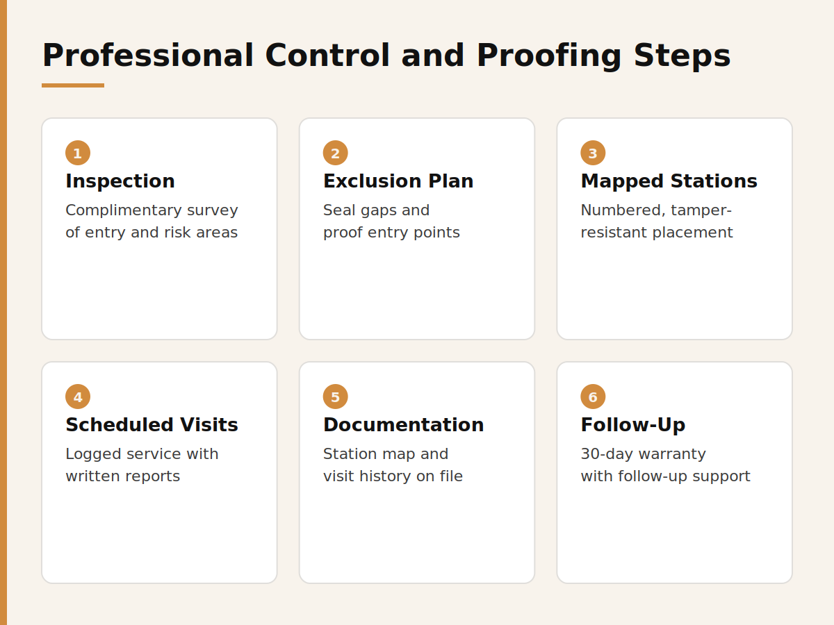 Six steps in a professional commercial rodent control programme: inspection, exclusion plan, mapped stations, scheduled visits, documentation, follow-up
