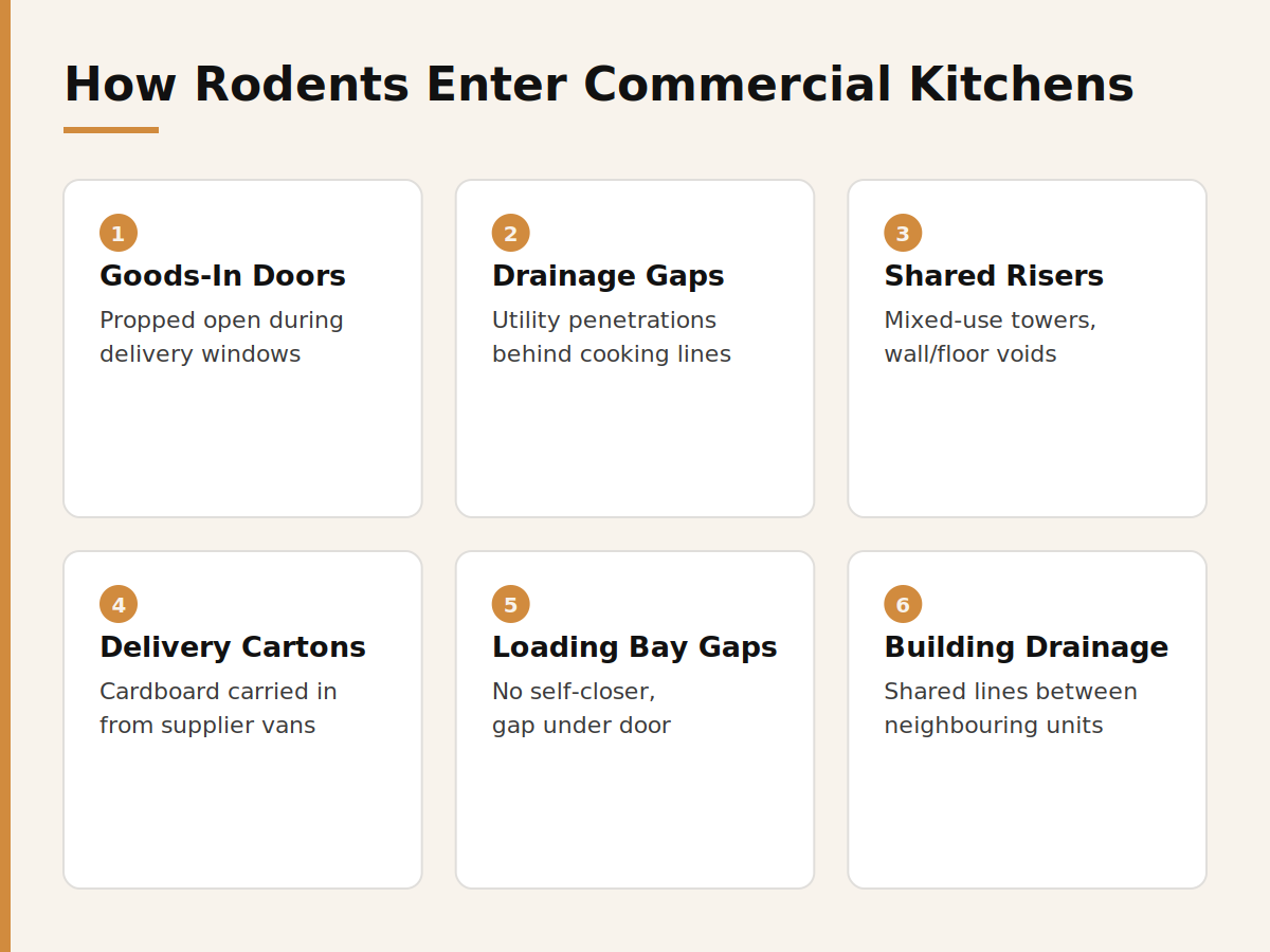 Six ways rodents enter Dubai commercial kitchens: goods-in doors, drainage gaps, shared risers, delivery cartons, loading bay gaps, and building drainage