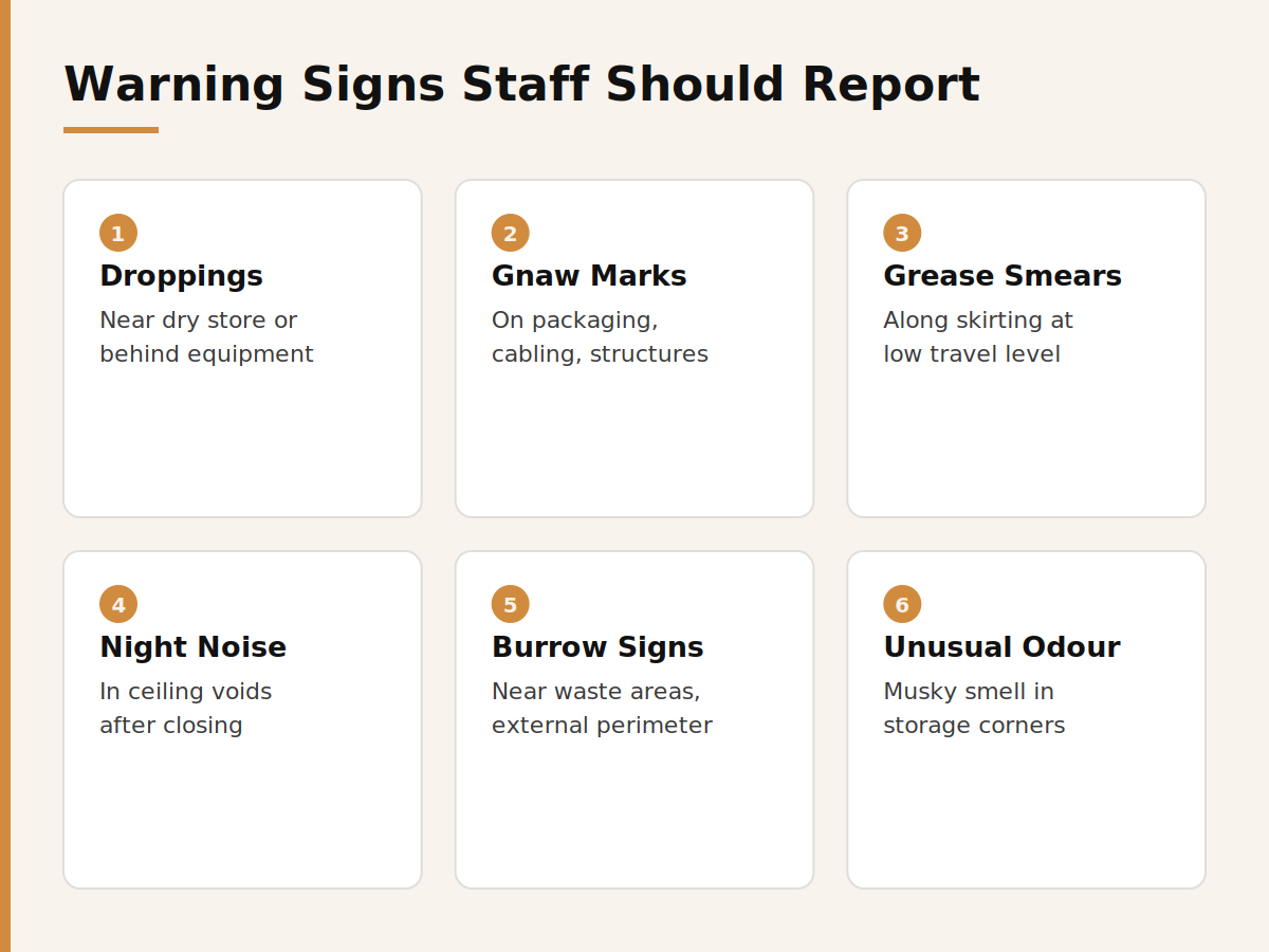 Six warning signs kitchen staff should report: droppings, gnaw marks, grease smears, night noise, burrow signs, unusual odour
