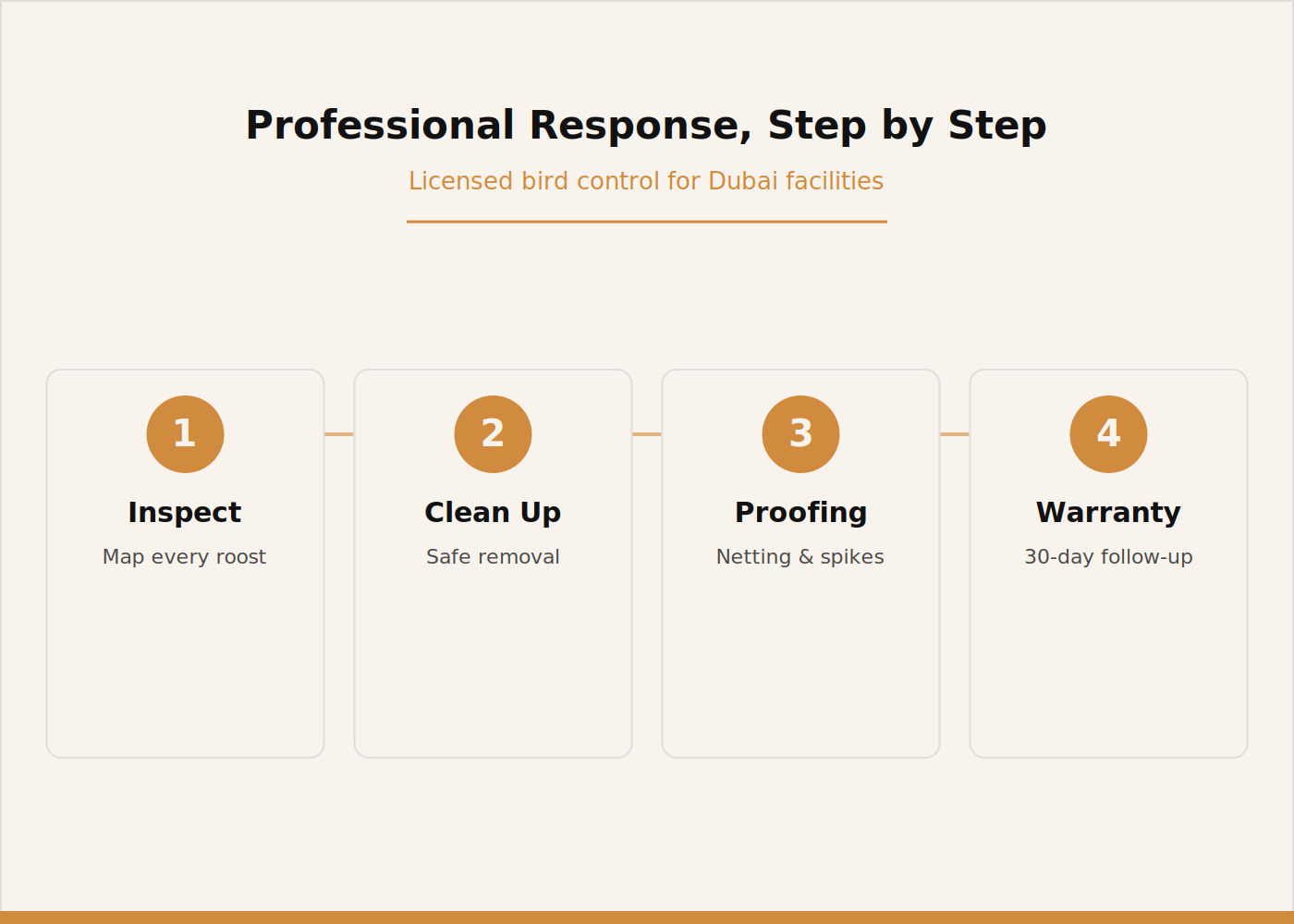 Professional bird control process: inspect, clean up, install proofing, warranty and follow-up