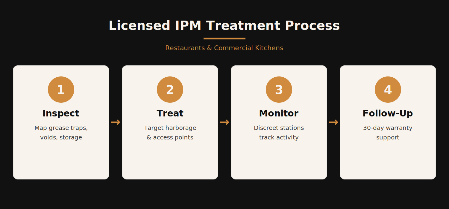 Four steps of a licensed IPM cockroach treatment process