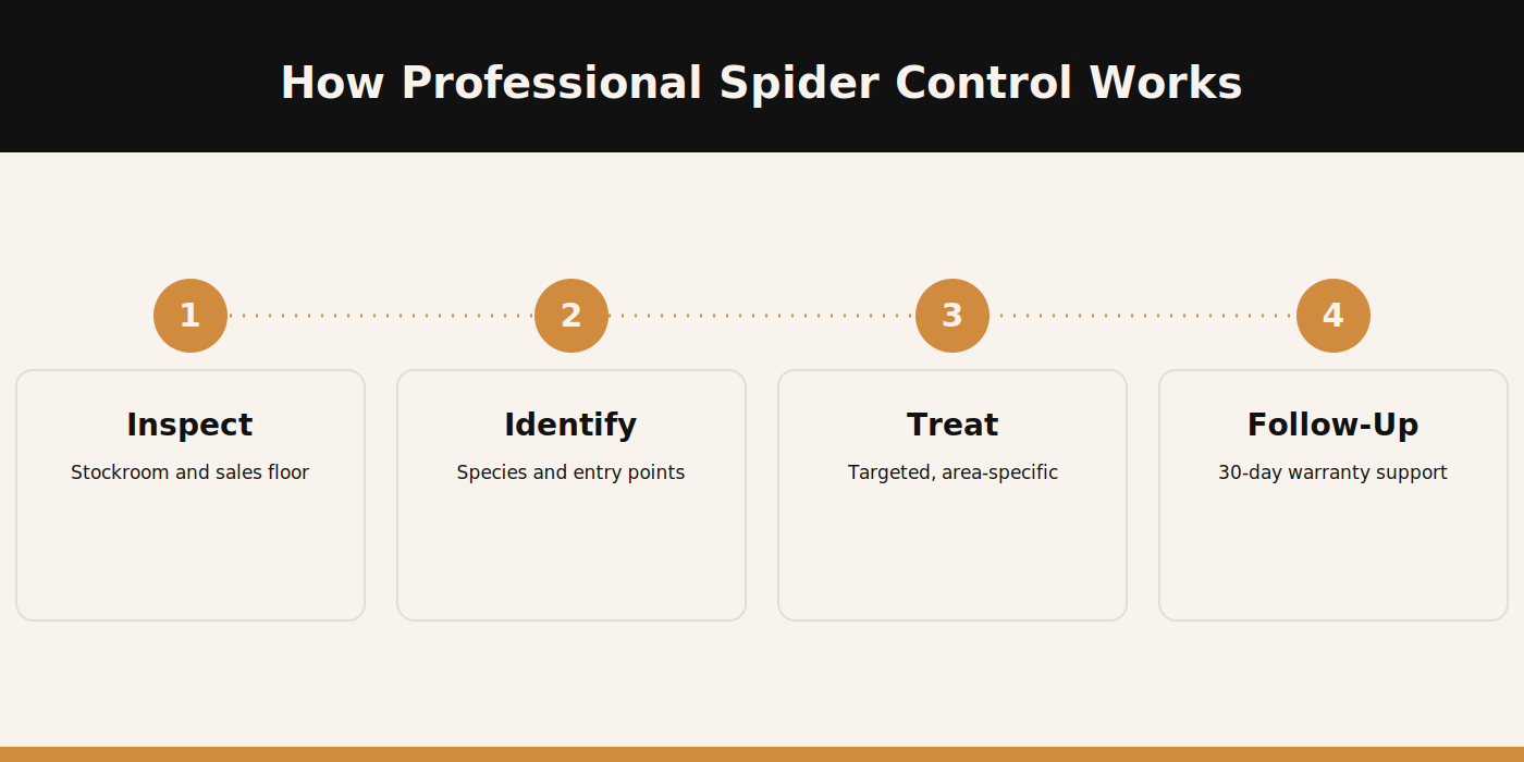 Four step process for professional spider control at a Dubai retail store