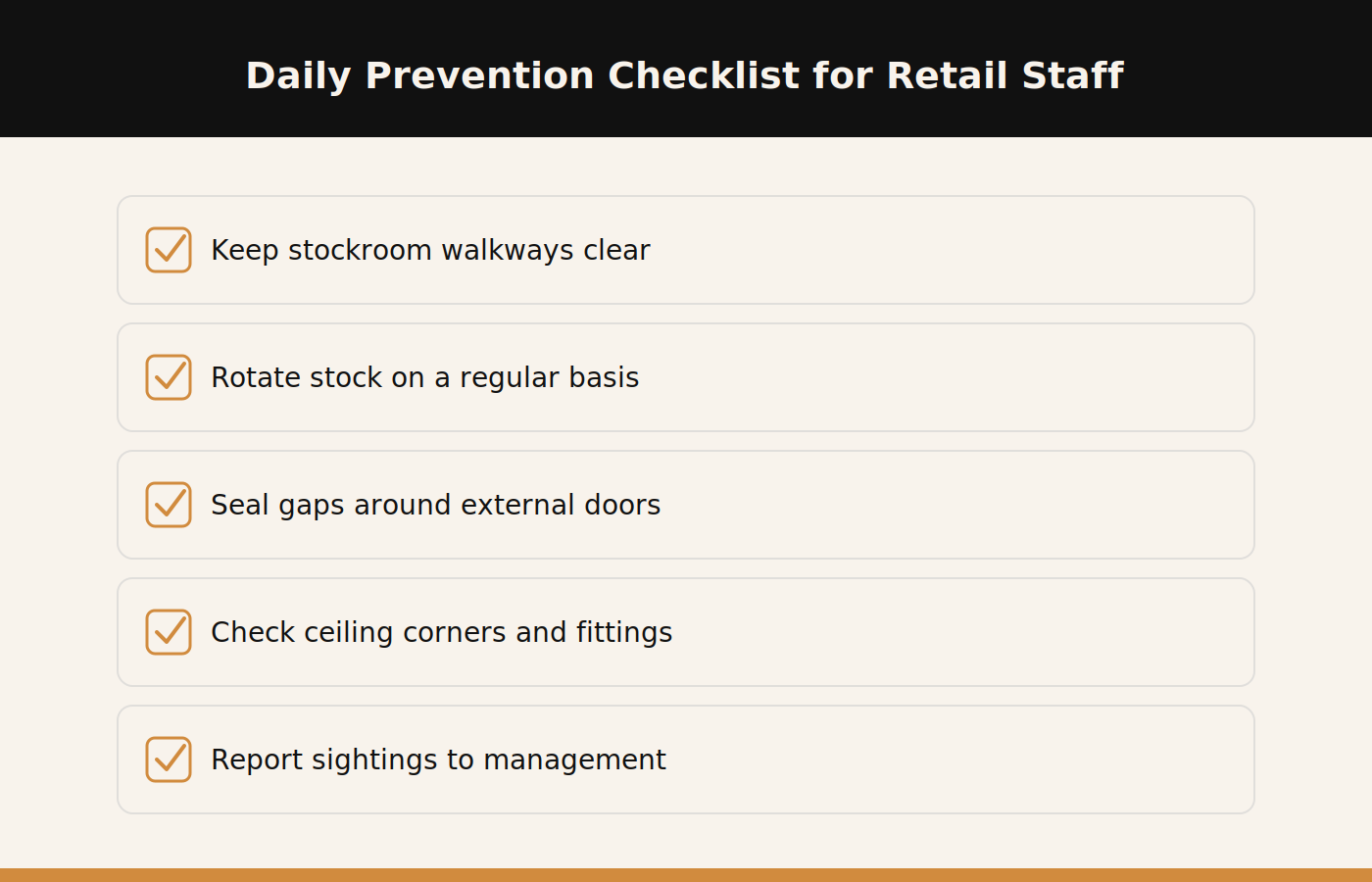 Daily spider prevention checklist for Dubai retail staff