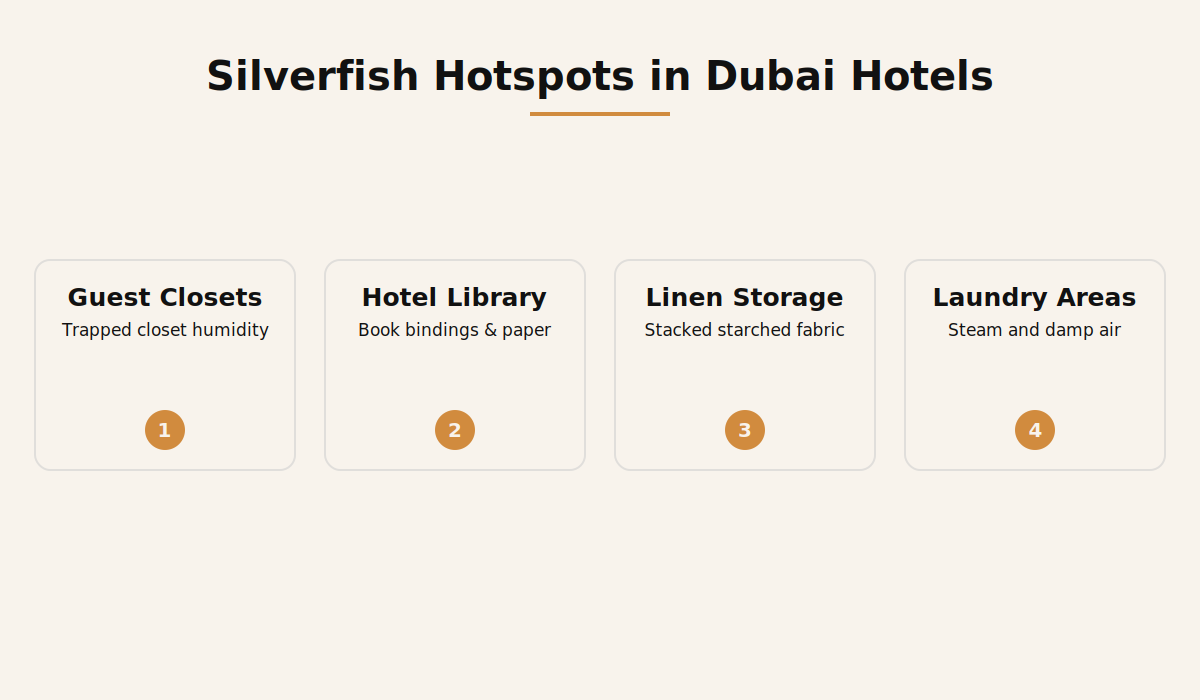Four silverfish hotspots in Dubai hotels: guest closets, hotel library, linen storage and laundry areas