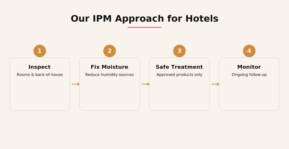 Santera's four-step IPM approach for hotels: inspect, fix moisture, safe treatment, monitor