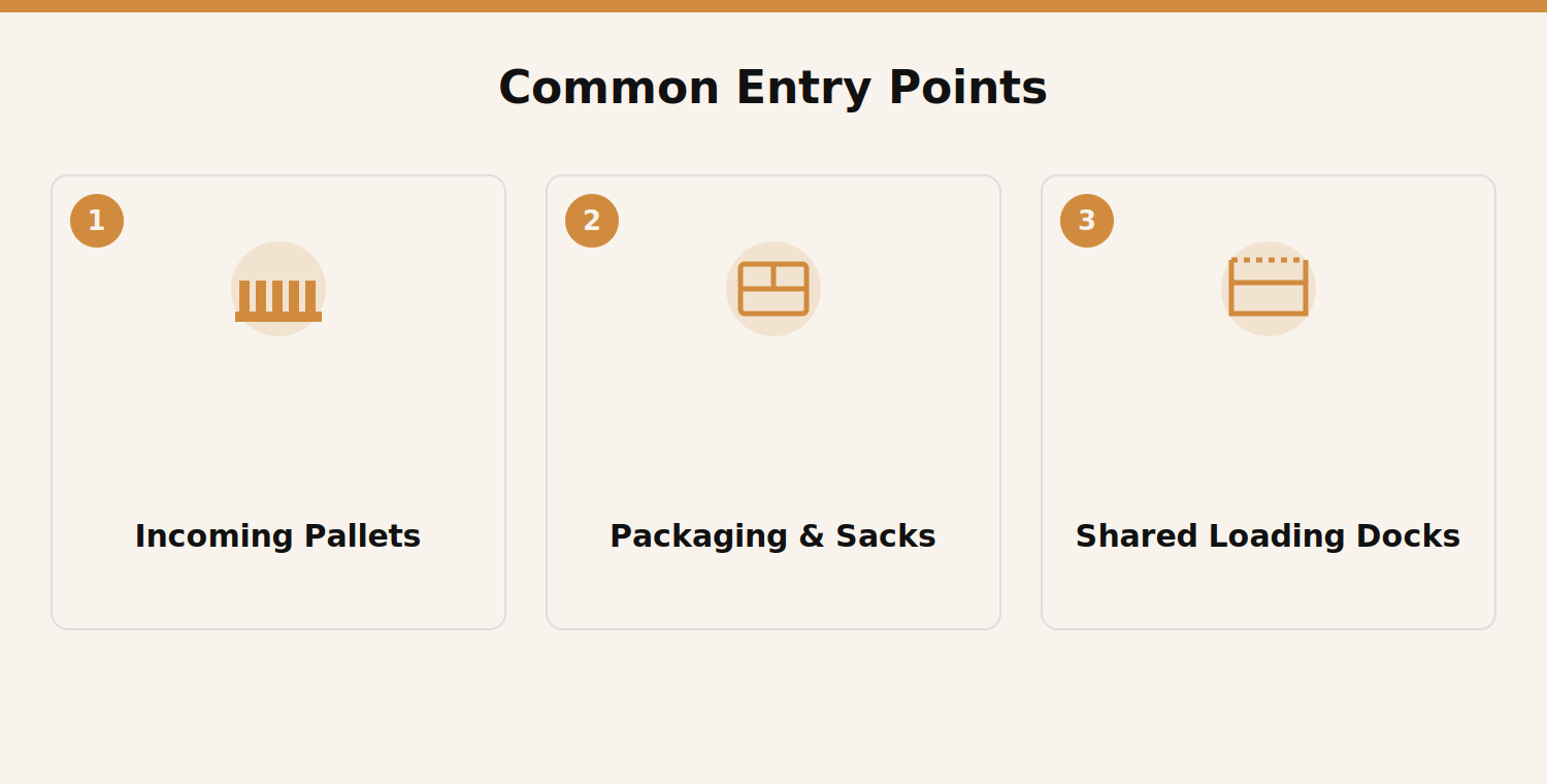 Diagram of common entry points for stored product pests into a Dubai warehouse: incoming pallets, packaging and sacks, and shared loading docks