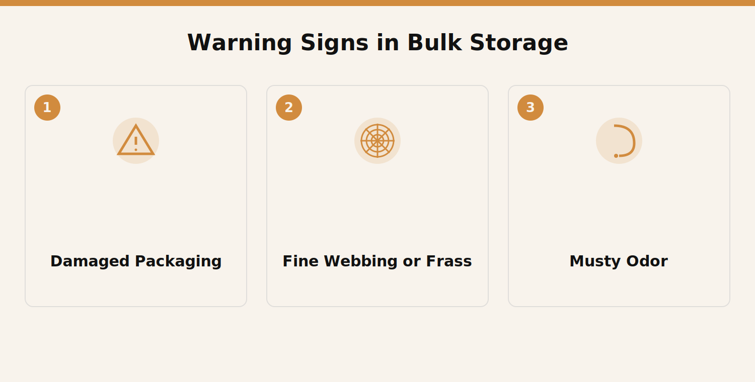 Warning signs of stored product pests in bulk storage: damaged packaging, fine webbing or frass, and musty odor