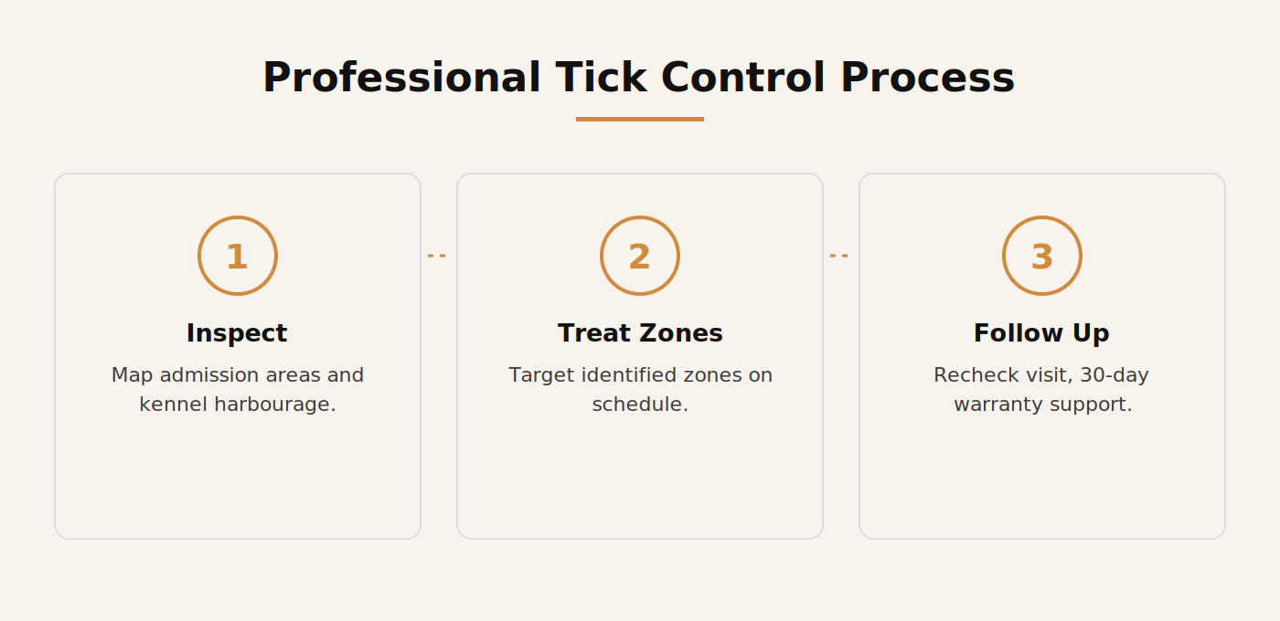 Three step professional tick control process for Dubai veterinary clinics and pet boarding facilities: inspect, treat zones, follow up