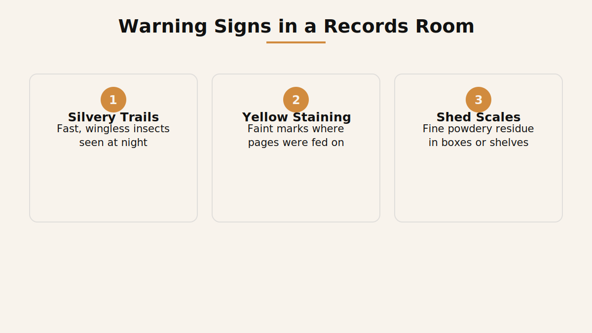 Warning signs of silverfish activity in a Dubai records room including trails and yellow staining