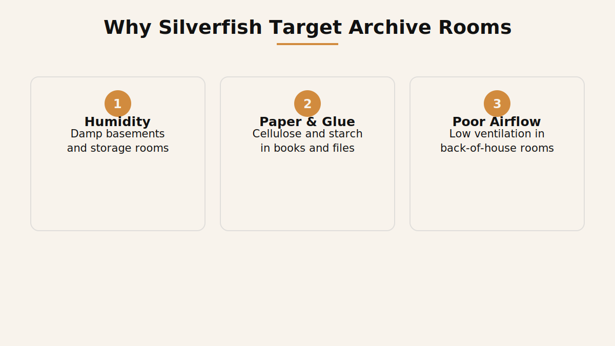 Diagram showing why silverfish target paper and archive storage rooms in Dubai