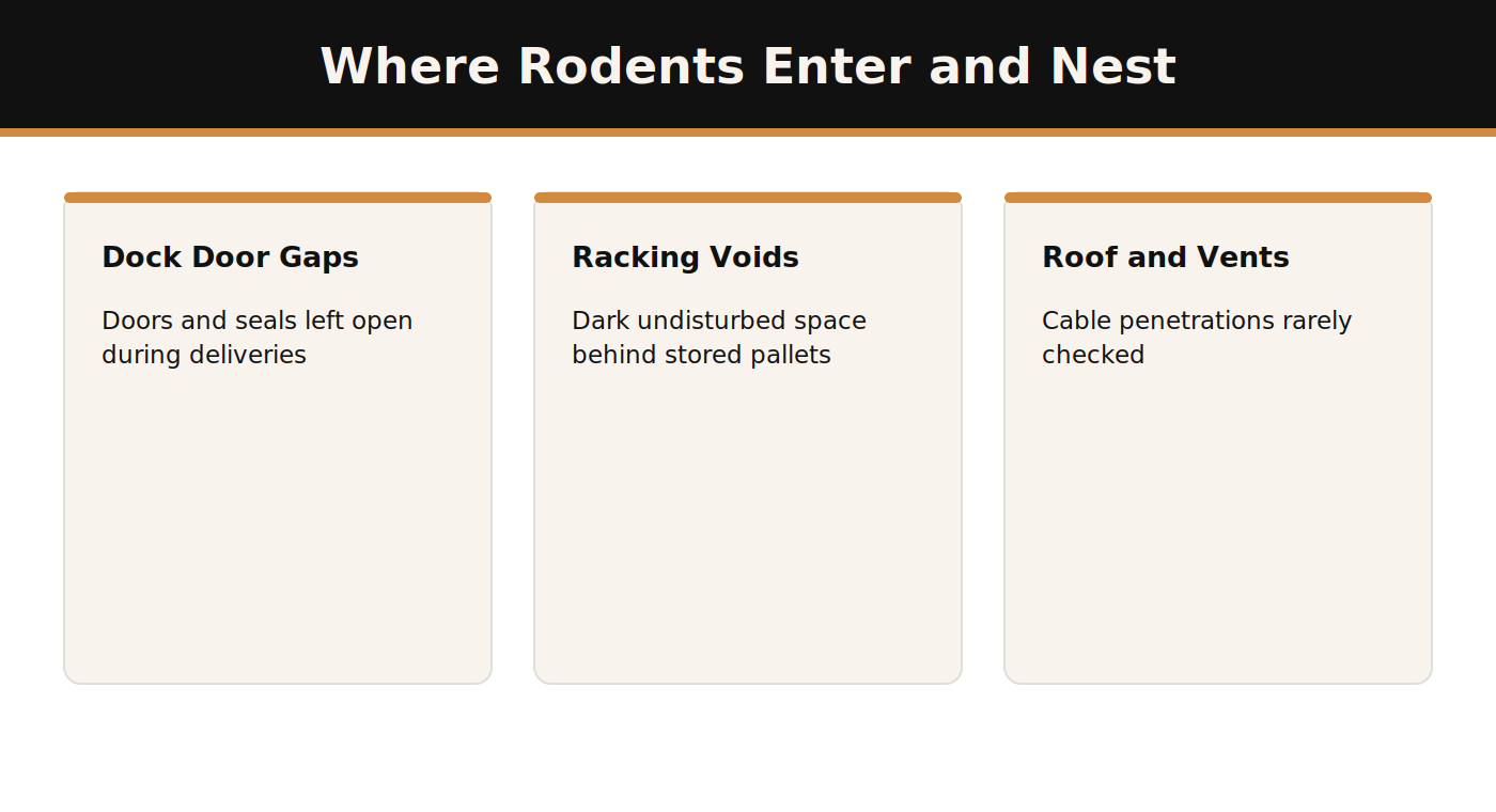 Where rodents enter and nest in Dubai warehouse buildings infographic