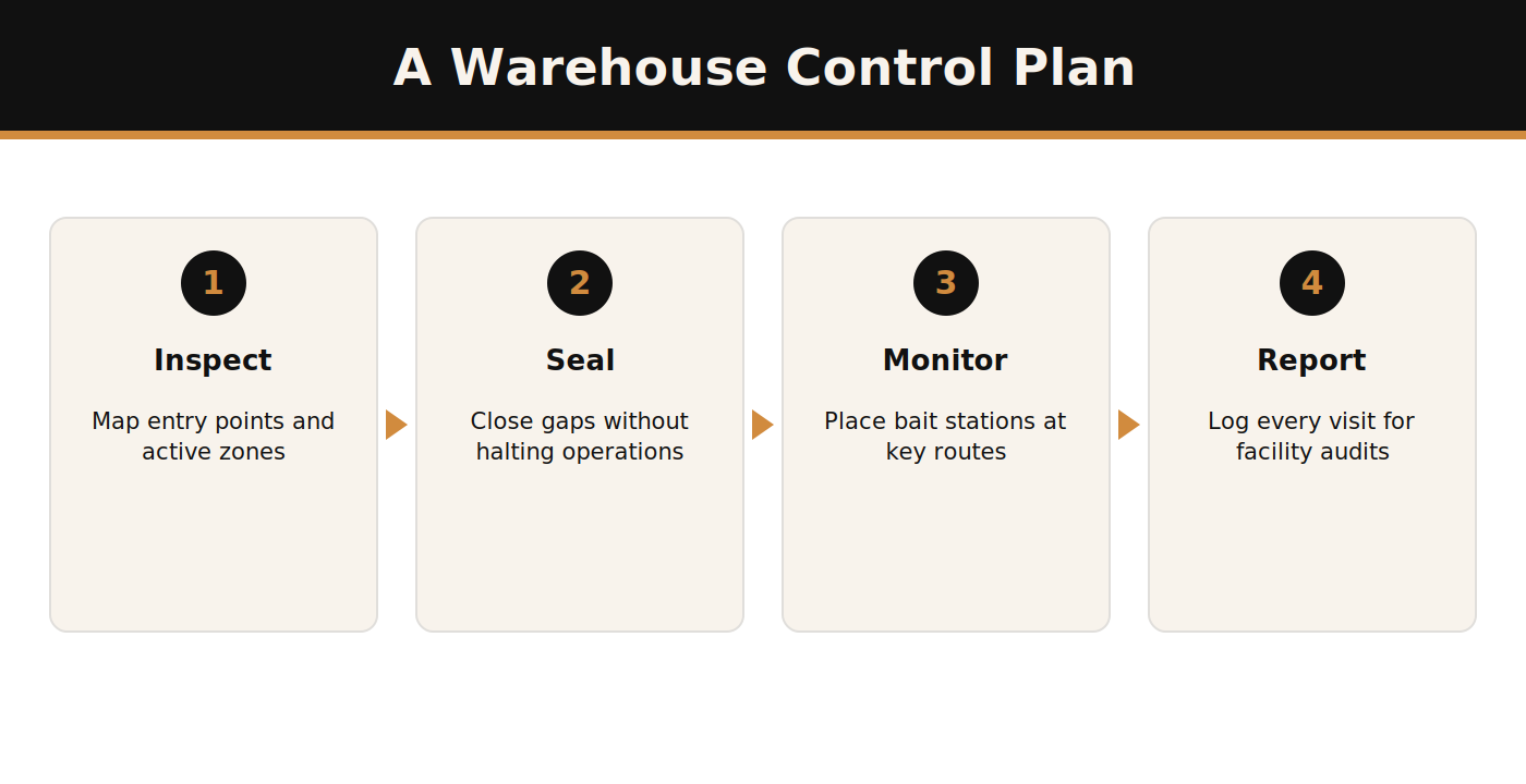 Warehouse rodent control plan steps infographic
