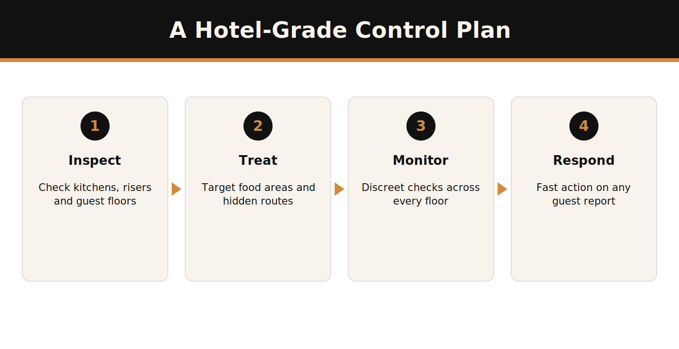 Hotel-grade cockroach control plan steps infographic