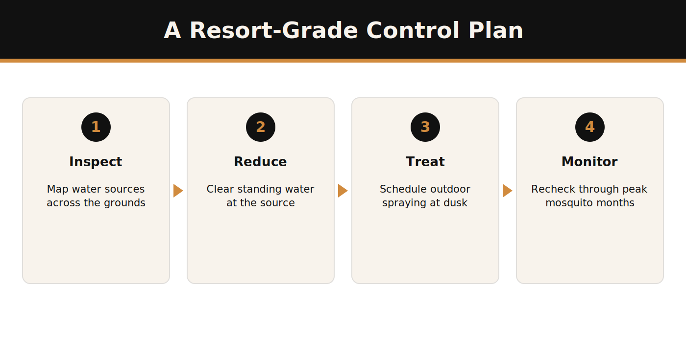 Resort-grade mosquito control plan steps infographic