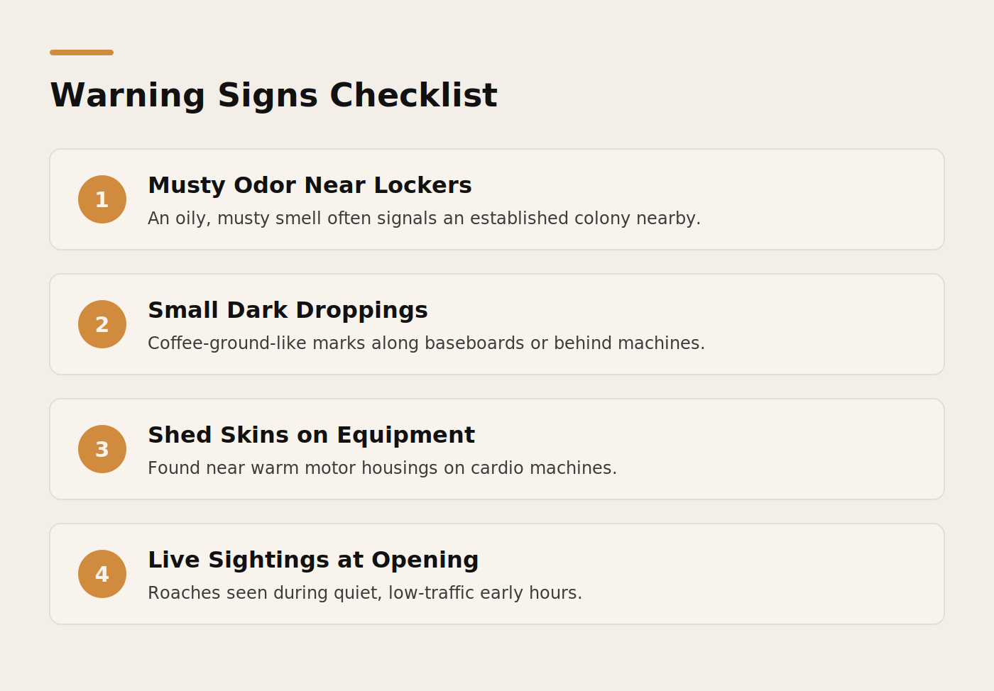 Cockroach warning signs checklist for gym facility managers: droppings, odor, shed skins, live sightings