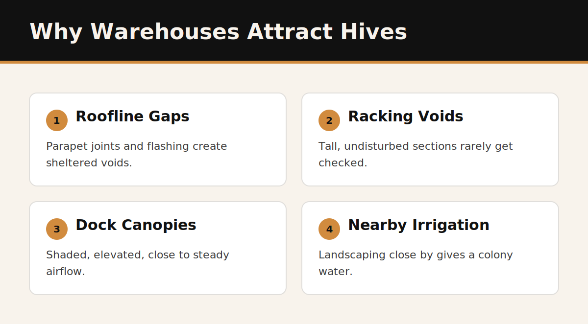 Four reasons Dubai warehouses attract bee hives: roofline gaps, racking voids, dock canopies, and nearby irrigation