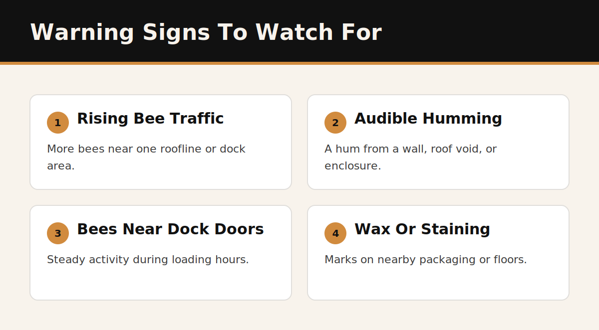Four warning signs of a bee hive near a Dubai warehouse loading bay: rising bee traffic, audible humming, bees near dock doors, and wax or staining