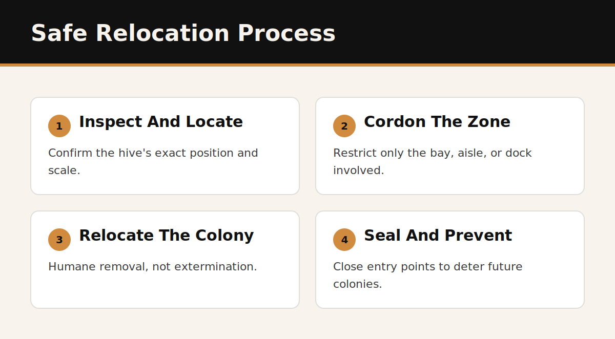 Four-step safe bee relocation process: inspect and locate, cordon the zone, relocate the colony, seal and prevent