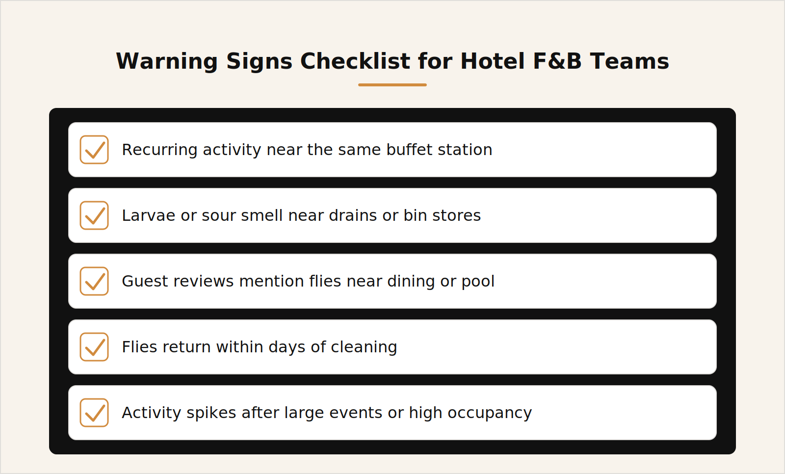 Warning signs checklist for hotel F&B teams to watch for fly activity