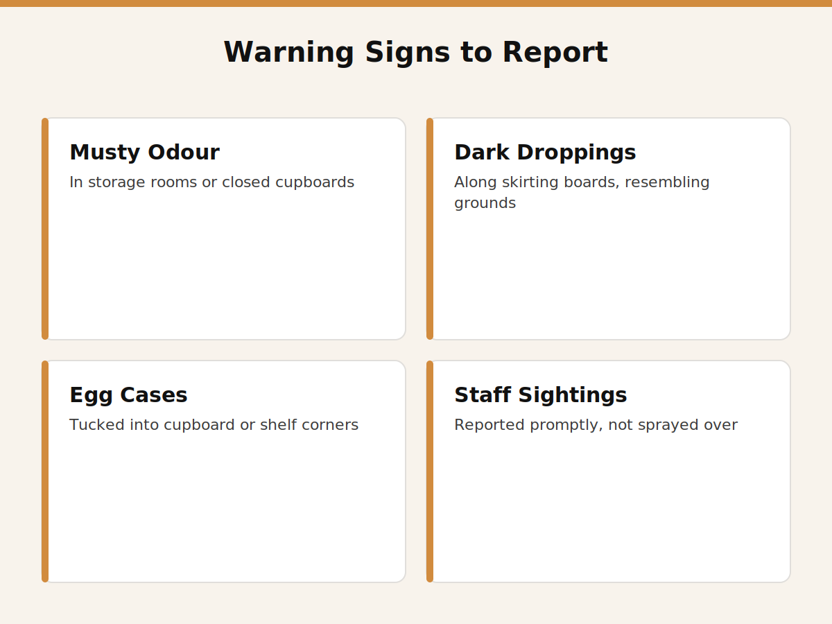 Warning signs of cockroaches staff should report