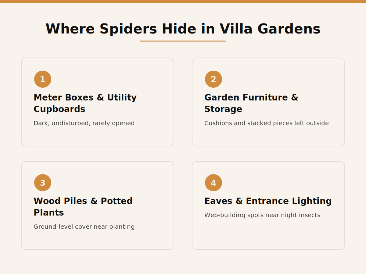 Where spiders hide in Dubai villa gardens: meter boxes, garden furniture, wood piles, eaves
