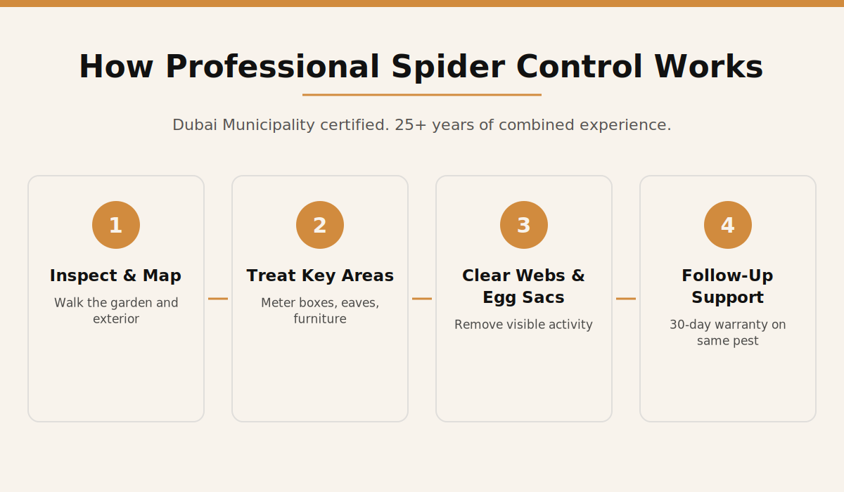 How professional spider control works for Dubai villa gardens, four step process