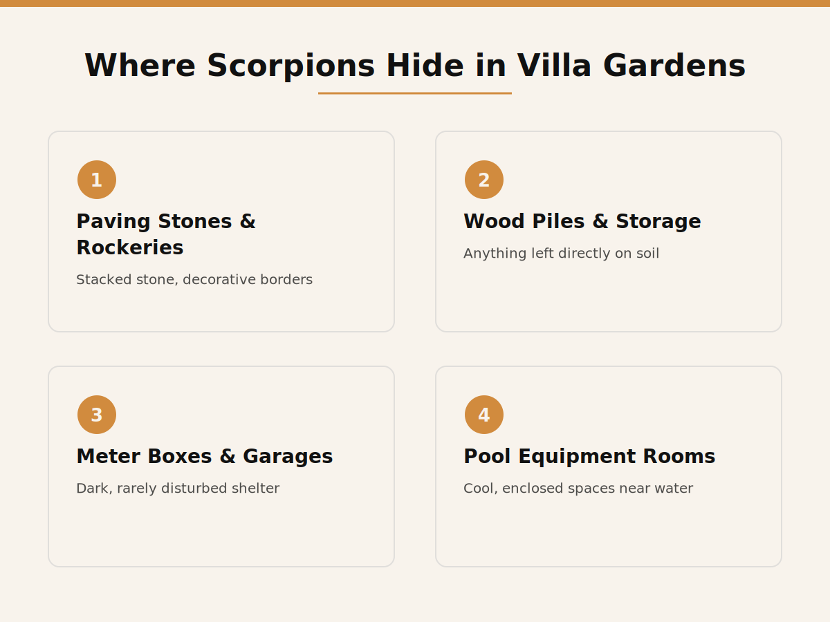 Where scorpions hide in Dubai villa gardens: paving stones, wood piles, meter boxes, pool equipment rooms