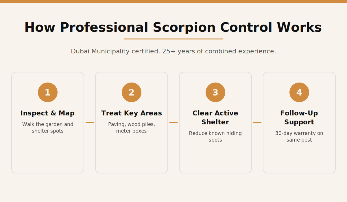 How professional scorpion control works for Dubai villa gardens, four step process