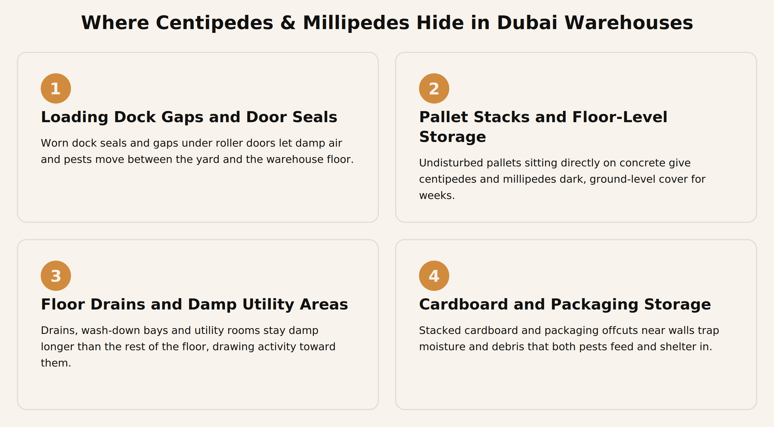 Where centipedes and millipedes hide in Dubai warehouses: loading docks, pallets, drains, packaging