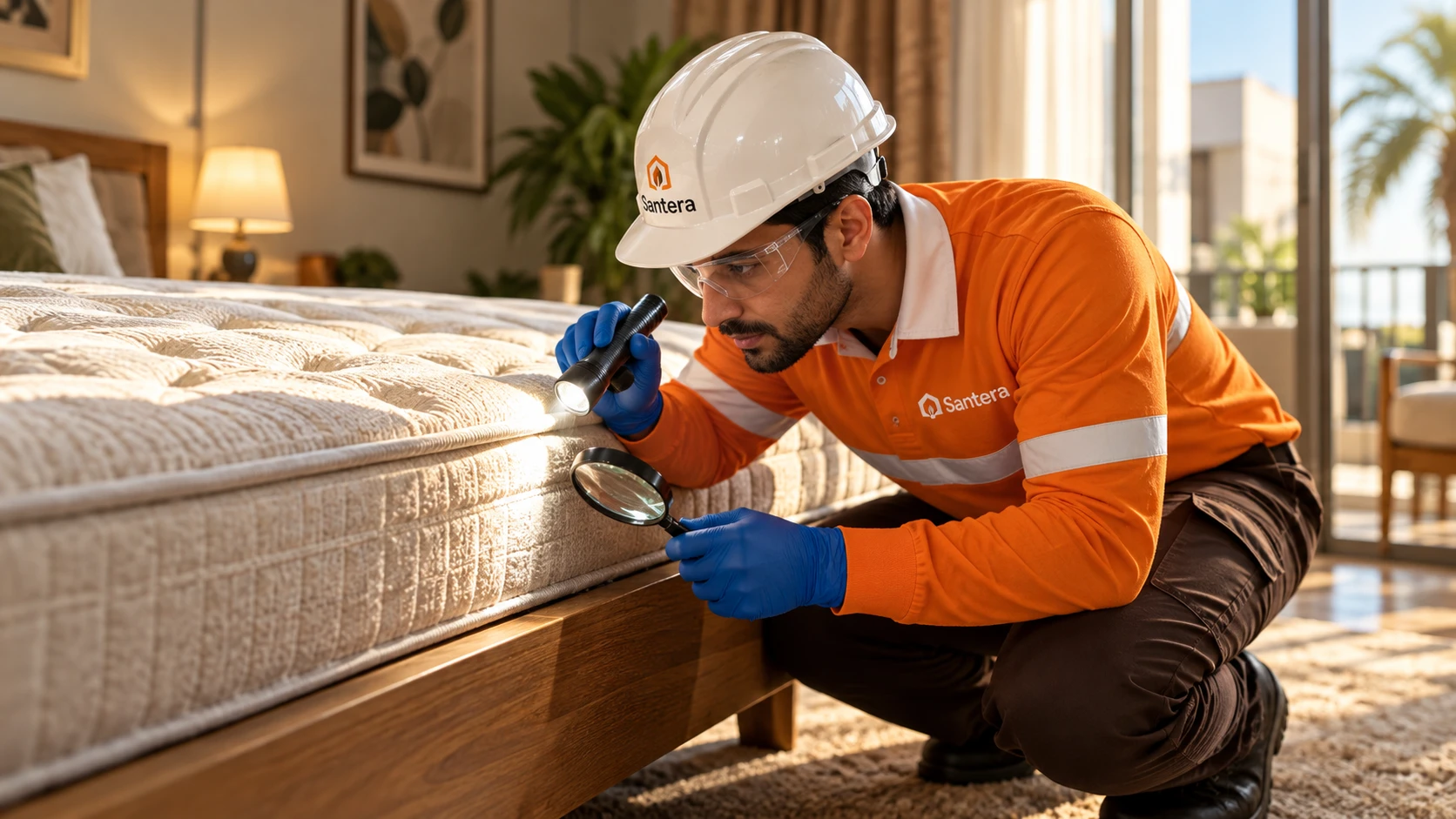 Santera technician inspecting mattress seams with a torch and magnifier