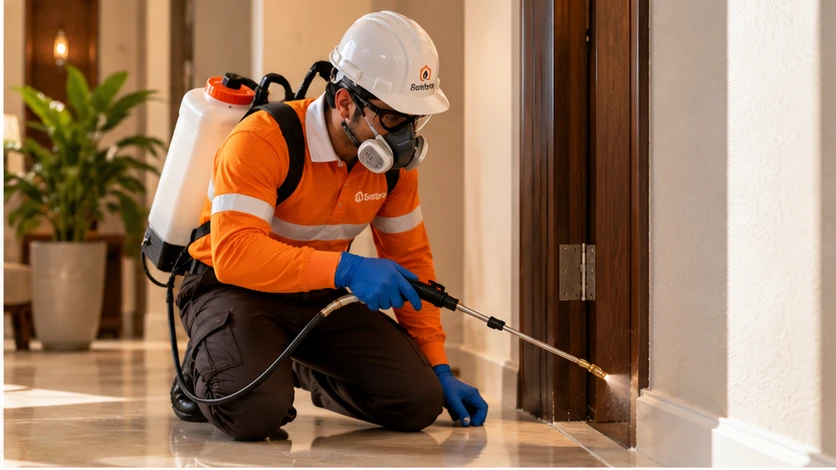 Santera technician applying residual spray along a door frame