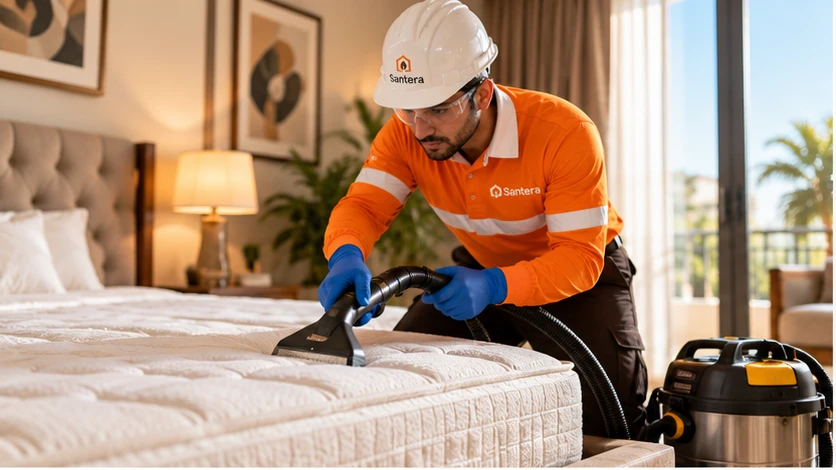 Santera technician treating a mattress with steam equipment