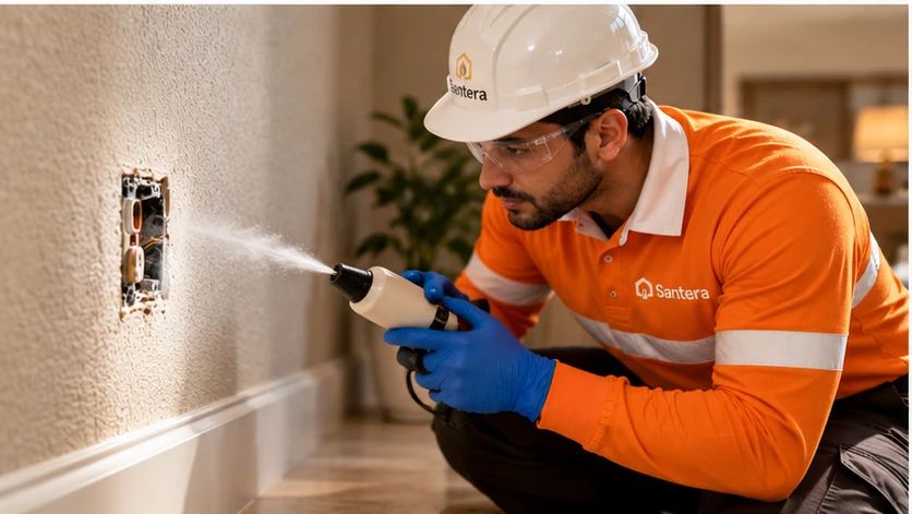 Santera technician applying insecticidal dust into a wall socket